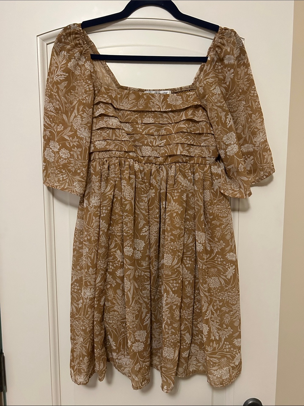 Wallflower Camel Floral Square-Neck Mini Dress with Pintuck Bodice